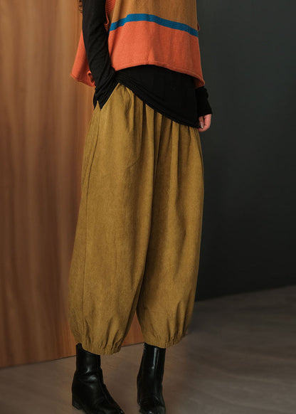 Yellow Elastic Waist Corduroy Harem Pants Fall