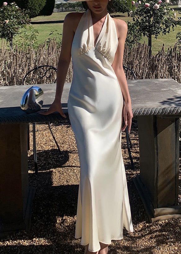 Art Beige V Neck Backless Silk Long Dresses Sleeveless