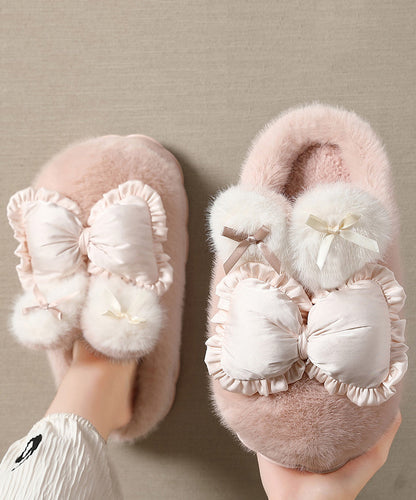 Khaki Slippers Shoes Splicing Bow Fuzzy Wool Lined