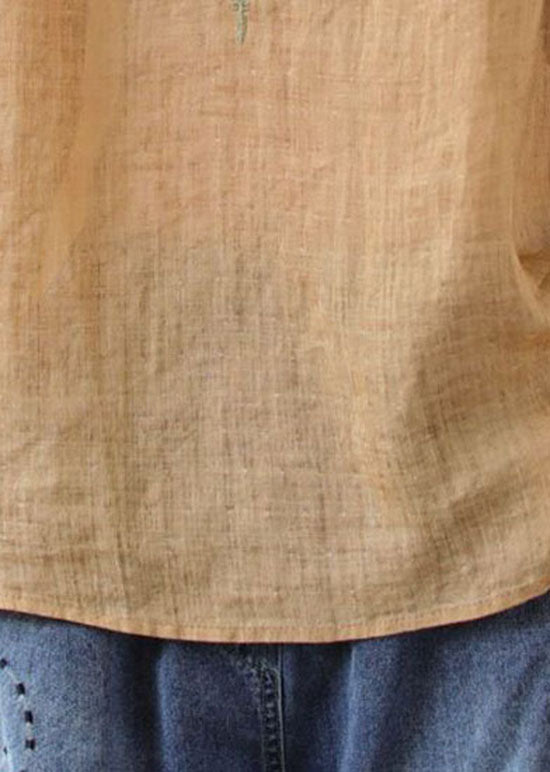Khaki V Neck Embroidered Patchwork Linen T Shirt Summer