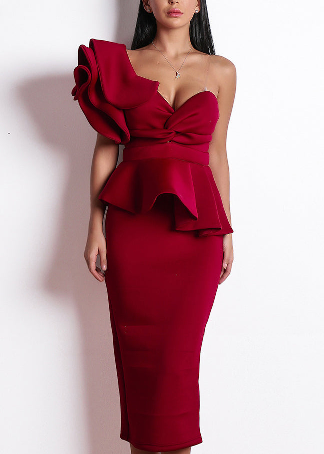 Stylish Mulberry Cold Shoulder Ruffled Slim Fit Cotton Party Dresses Summer