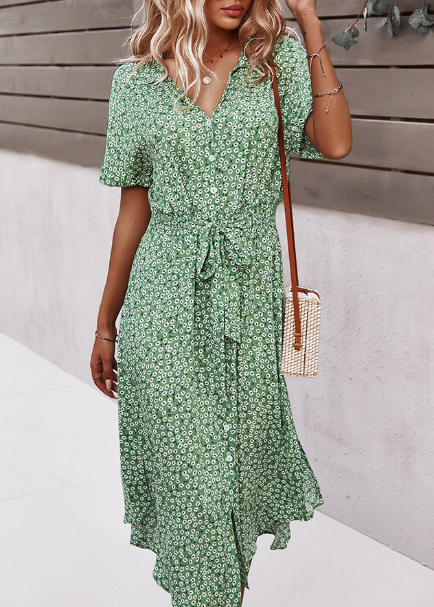 Green Peter Pan Collar Print Lace Up Cotton Dresses Summer