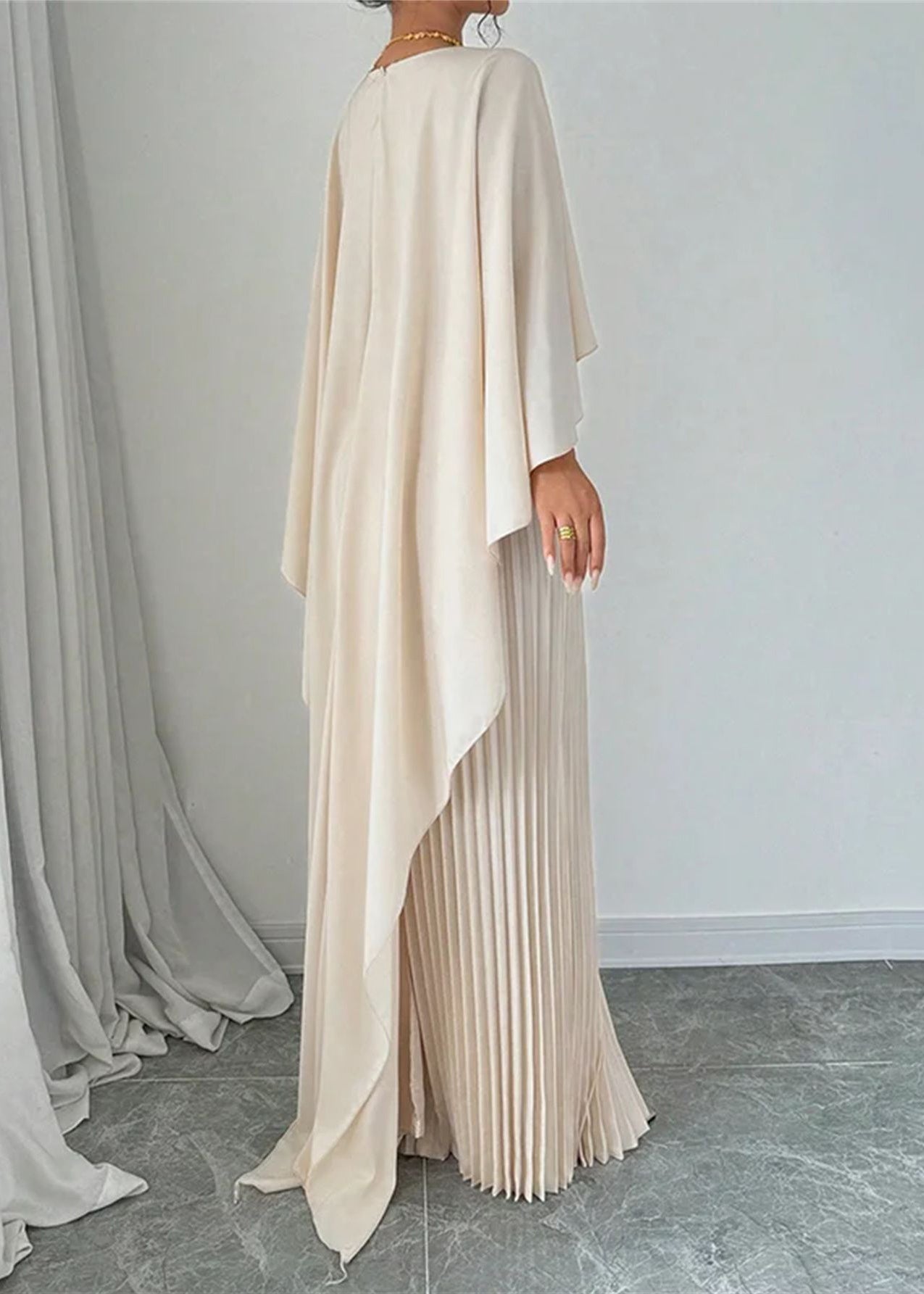 Beige Asymmetrical Patchwork Long Dress Batwing Sleeve