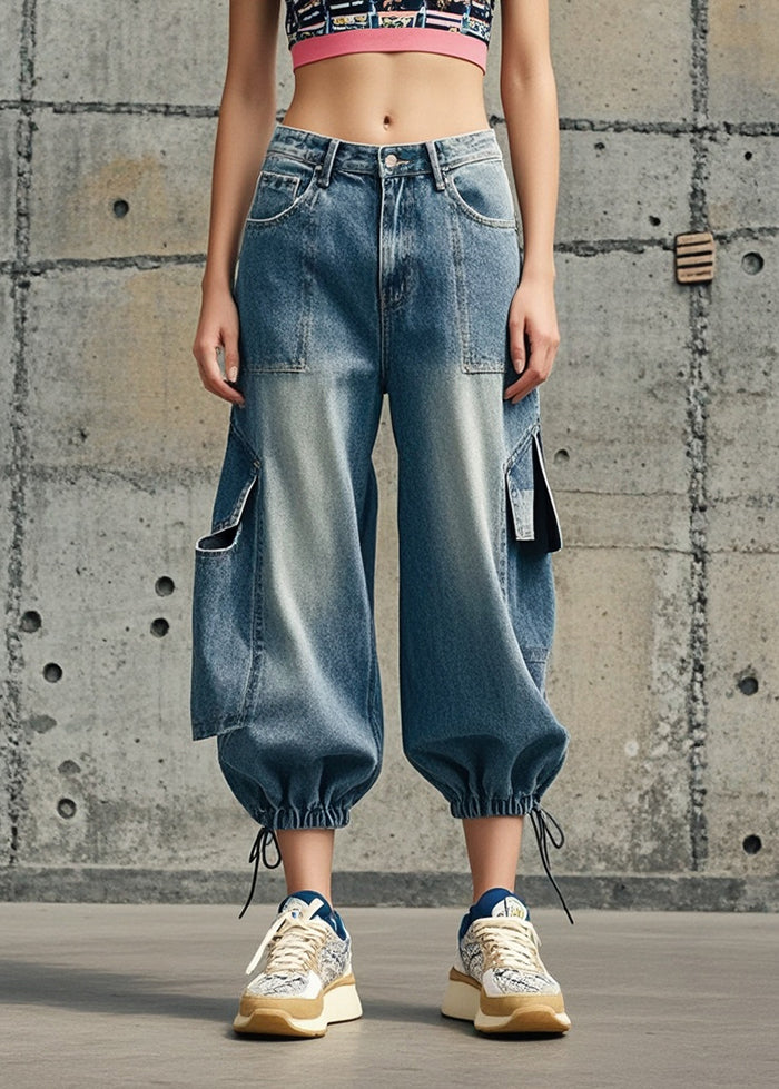Blue Oversized Pockets Denim Crop Pants Fall