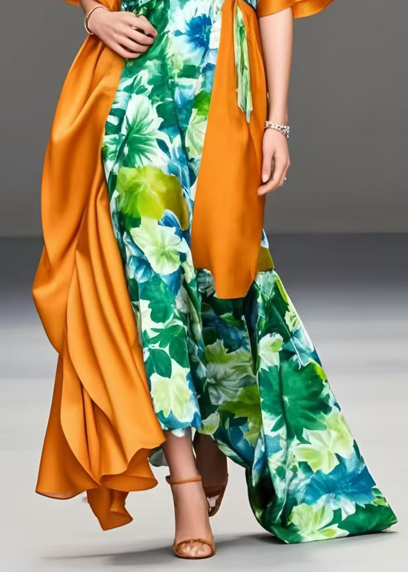 Fitted Orange Asymmetrical Patchwork Silk Party Dress Summer