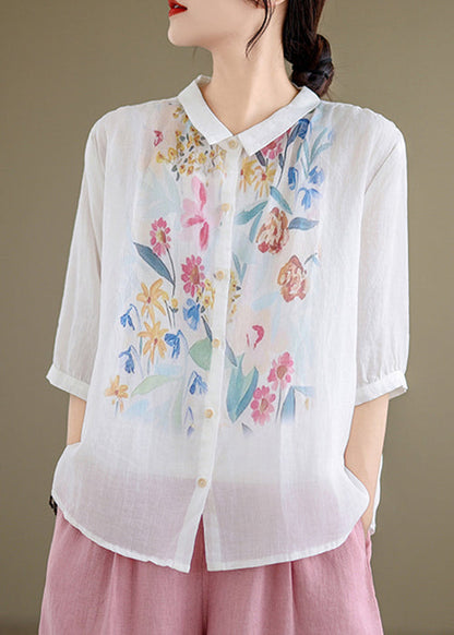 White Button Linen Shirt Peter Pan Collar Summer