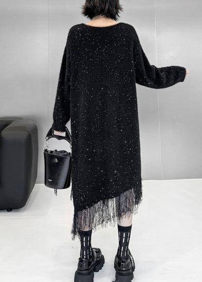 Black Asymmetrical Tulle Patchwork Sequins Cotton Knit Sweater Dress Fall