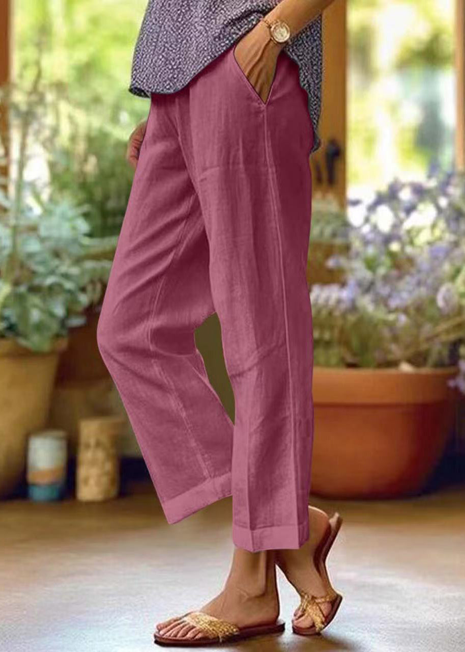 Loose White Pockets High Waist Cotton Crop Pants Summer