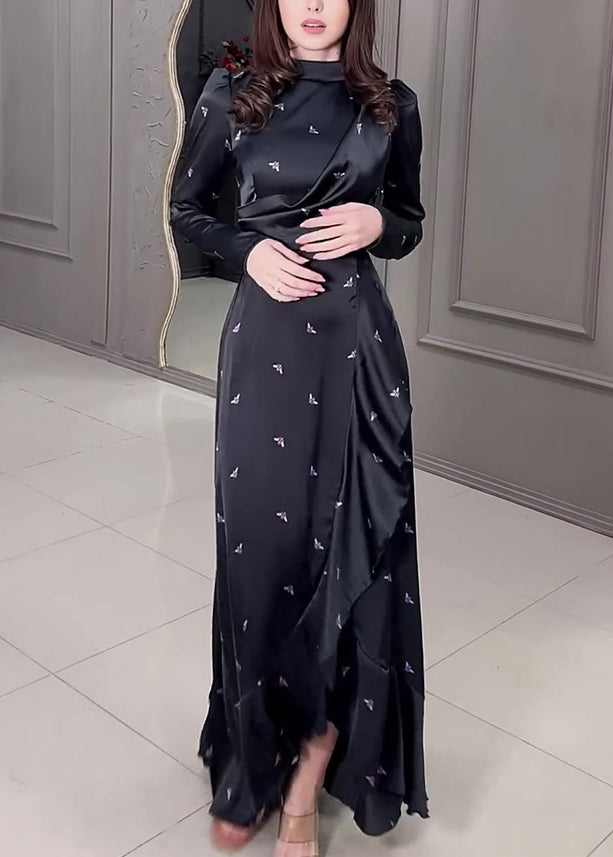New Black Ruffled Print Silk Long Dress Fall