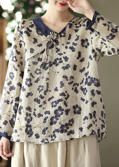 Navy Linen Tops Long Sleeve