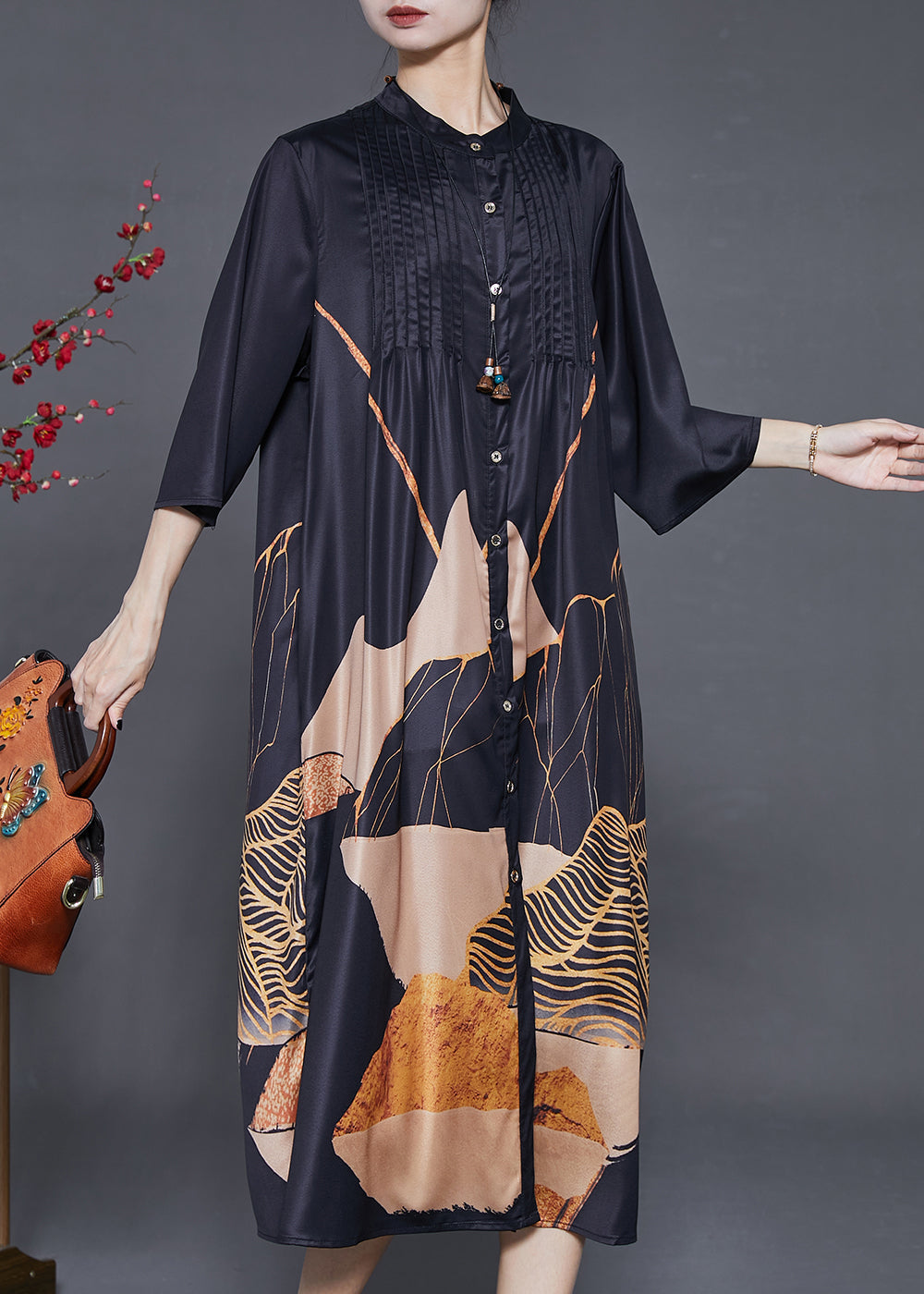 Black Print Wrinkled Silk Shirt Dress Summer