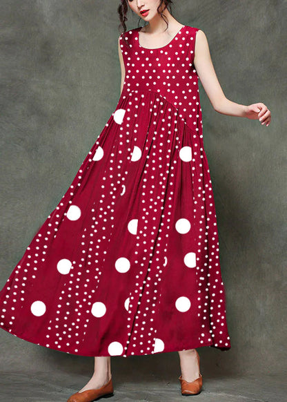 Red Polka Dots O-neck Wrinkled Long Dresses Sleeveless