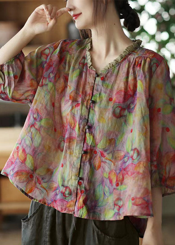 Pink-print6 V Neck Ruffled Print Linen Blouse Top Half Sleeve