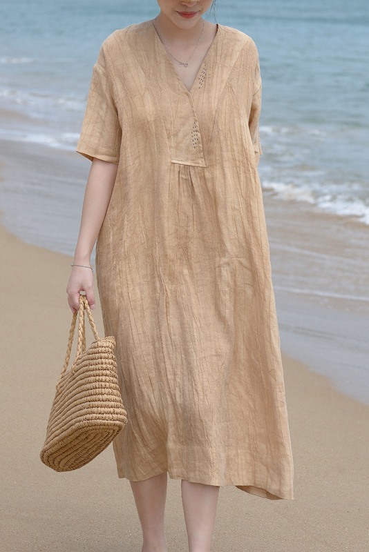 Summer Color Dress Cotton Linen Half Sleeve Long Dress
