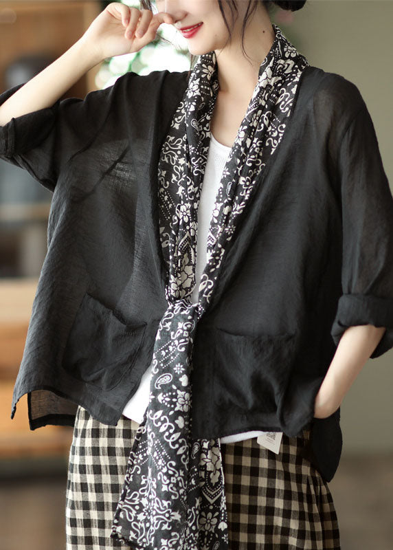 Black Turtle Neck Patchwork Linen Upf 50+ Coat Long Sleeve