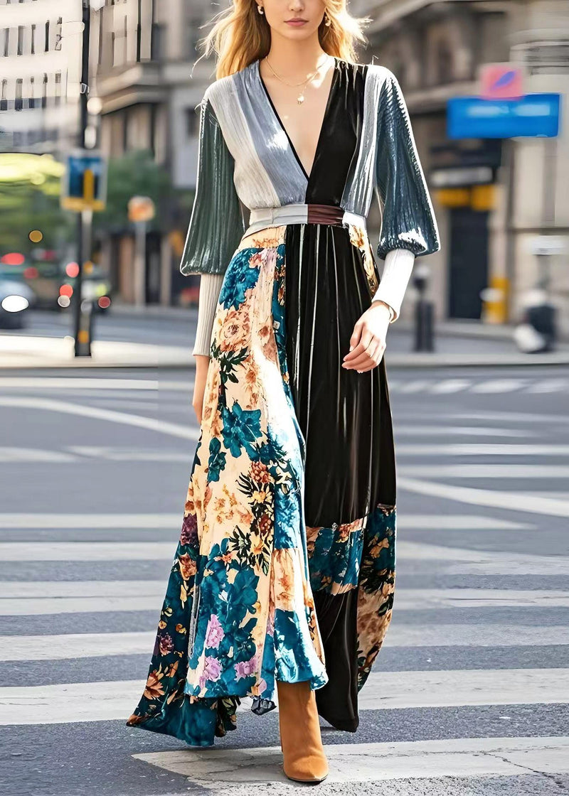 Diy Print Patchwork Exra Large Hem Silk Velvet Holiday Dress Spring