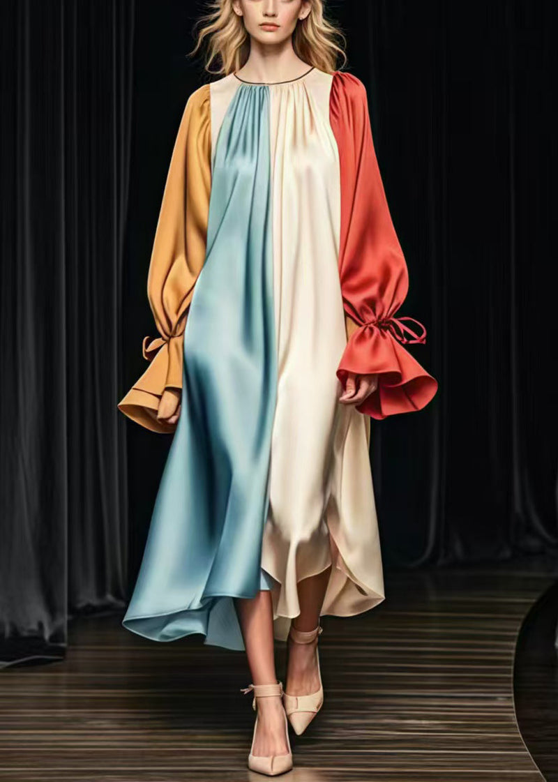 Colorblock Oversized Patchwork Silk Long Dress Flare Sleeve