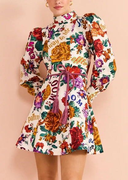Multi Print Tie Waist Cotton Mid Dress Long Sleeve