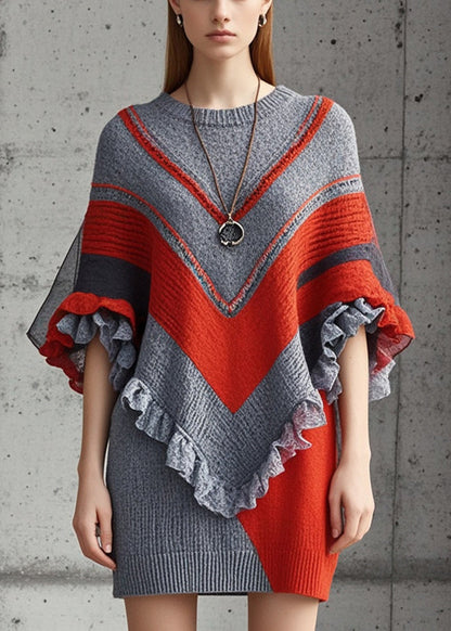 Grey Ruffled Patchwork Knitted Dress Batwing Sleeve