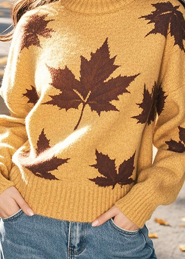 Yellow Hign Neck Thick Print Knit Sweaters Winter