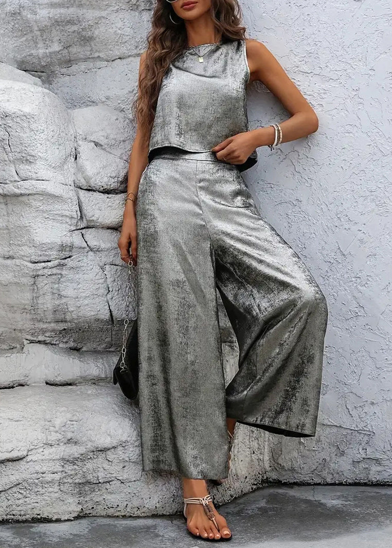Silver Sleeveless Top and Pants Two Pieces Set
