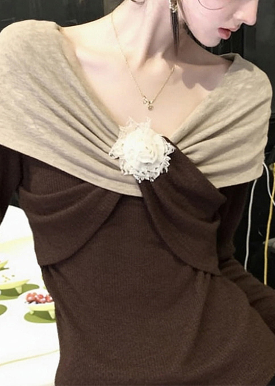 Original Design Brown Patchwork Knit Sweaters Fall