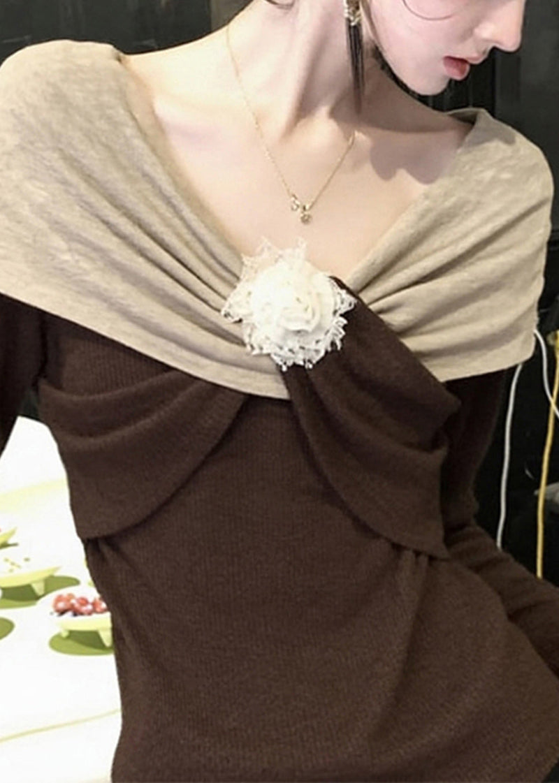 Original Design Brown Patchwork Knit Sweaters Spring