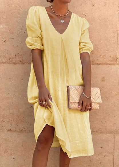 Pink V Neck Cotton Mid Dress Summer
