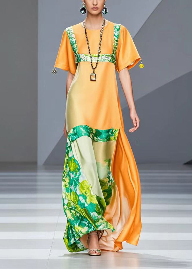 Orange Print Silm Fit Silk Robe Dresses Summer