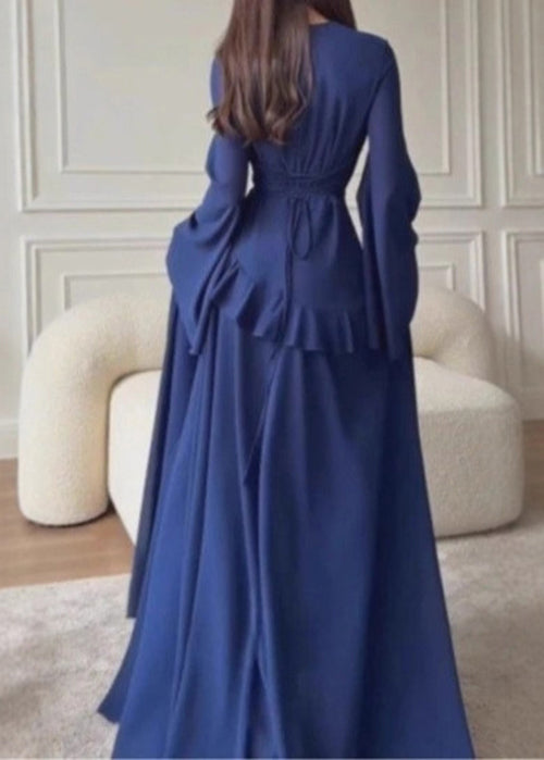 Classy Coffee O Neck Ruffled Cotton Maxi Dress Flare Sleeve