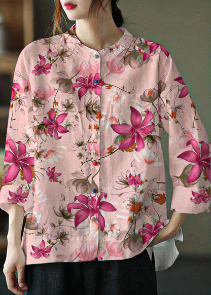 Modern Pink Flower Loose Patchwork Pockets Fall Long Sleeve Blouse Top
