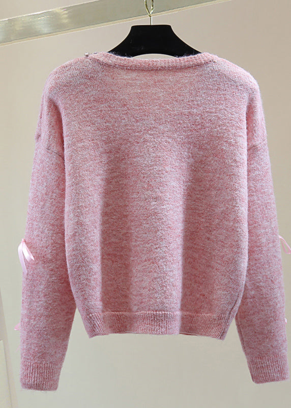 Italian Pink O-neck Zippered Bow Cotton Knit Sweaters Winter