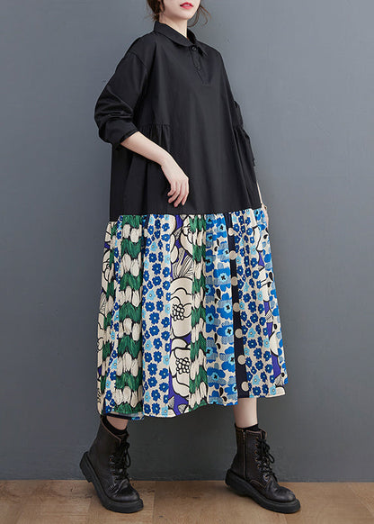 Black Patchwork Cotton a Line Dress Oversized Print Fall