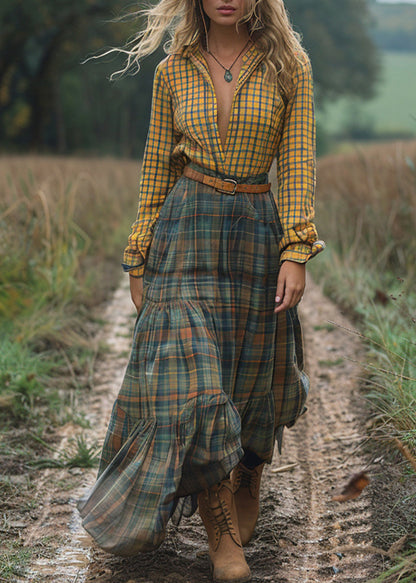 Boutique Colorblock V Neck Plaid Patchwork Cotton Long Dress Fall