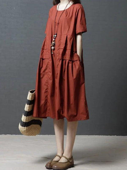 Italian O Neck Pockets Cotton Clothes for Outfits Red Dress