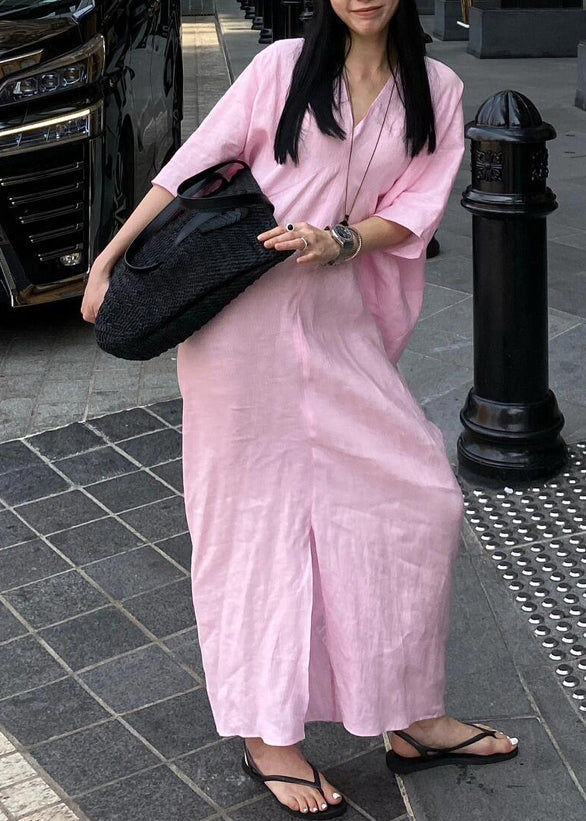 Pink V Neck Cotton Long Dresses Summer
