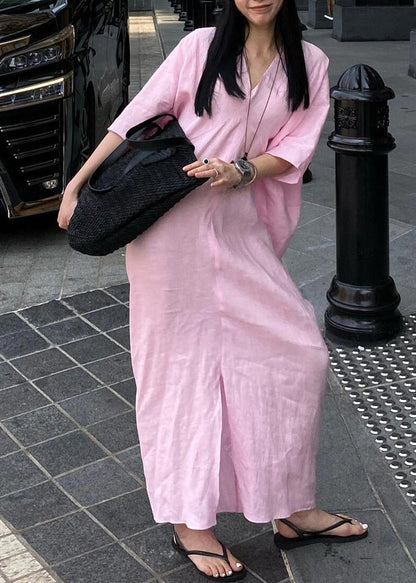 Pink V Neck Cotton Long Dresses Summer