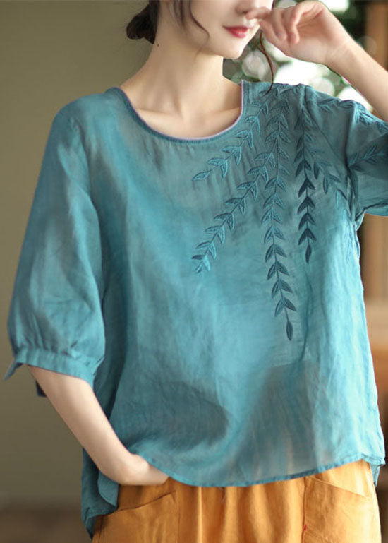 Blue Embroidered Patchwork Cotton T Shirt Half Sleever