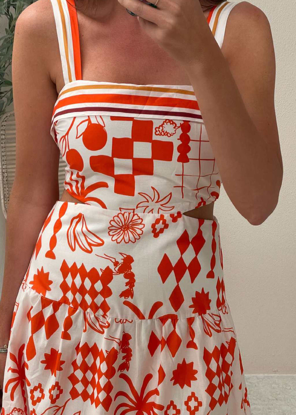 Natural Red Print Patchwork Cotton Spaghetti Strap Dress Summer