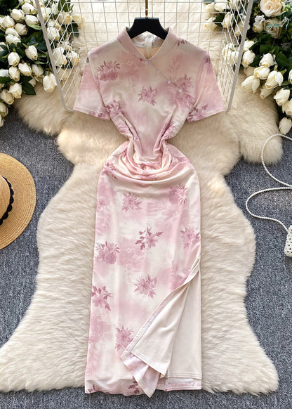 Pink Print Cotton Cheongsam Dress Summer