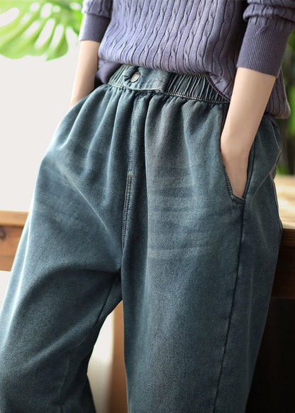 Denim Blue Elastic Waist Pockets Thick Warm Fleece Harem Pants Winter