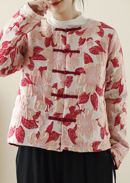 Red O Neck Print Button Pockets Thick Coats Winter