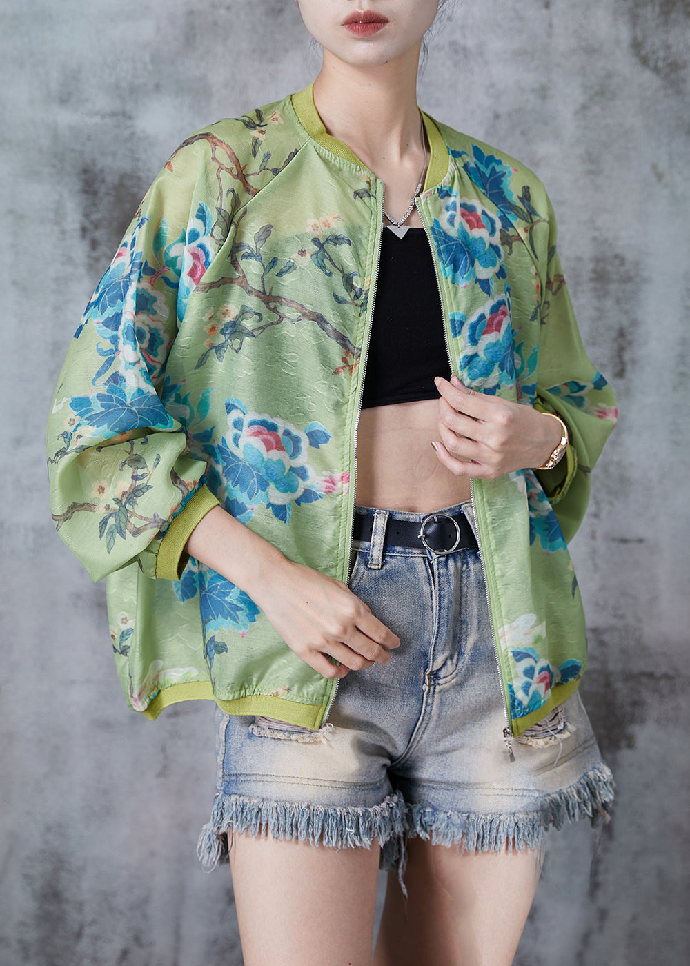 Green Oversized Print Silk Jackets Fall