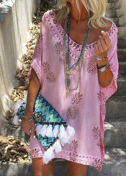 White V Neck Print Lace Patchwork Cotton Dresses Summer