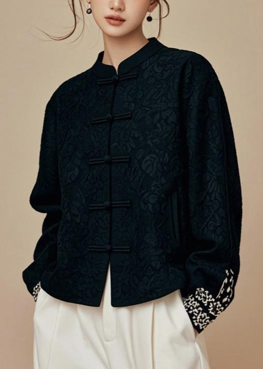 Jacquard Black Stand Collar Cotton Coats Fall