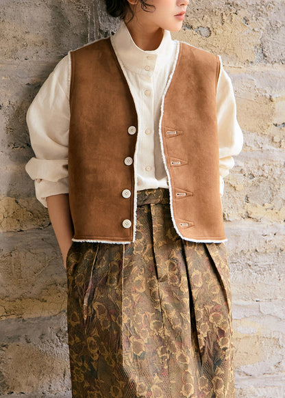 New V Neck Faux Fur Wear on Both Sides Vest Sleeveless