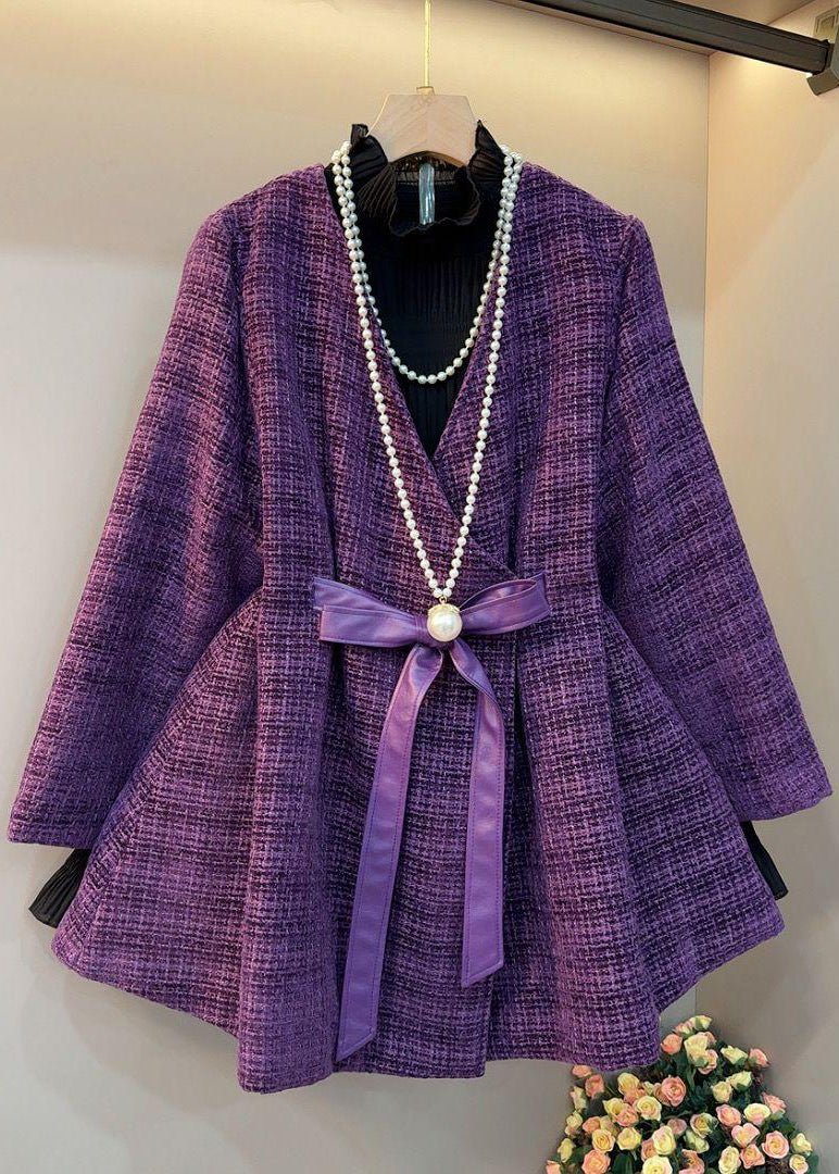 Purple V Neck Bow Thick Woolen Coats Spring