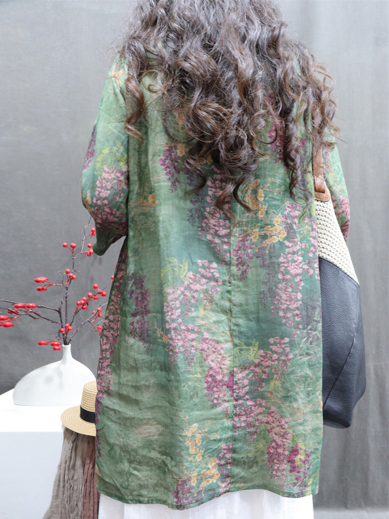Summer Flower V-neck Ramie Long Shirt