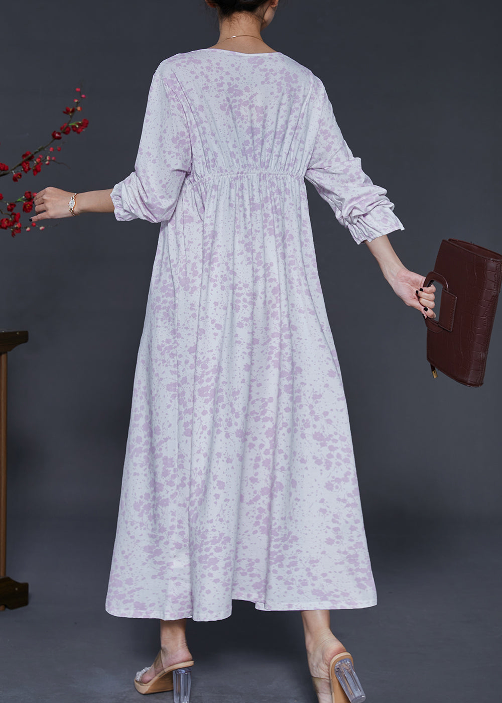 Light Purple V Neck Print Cotton Ankle Dress Spring
