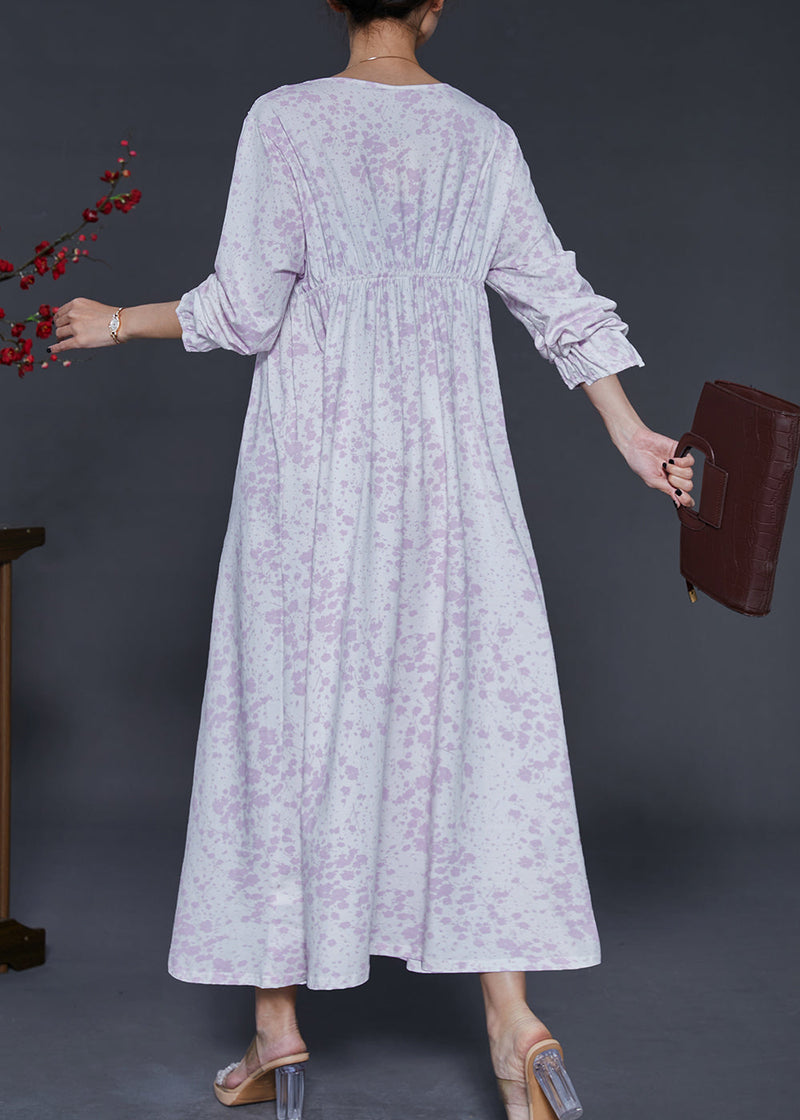Light Purple V Neck Print Cotton Ankle Dress Spring